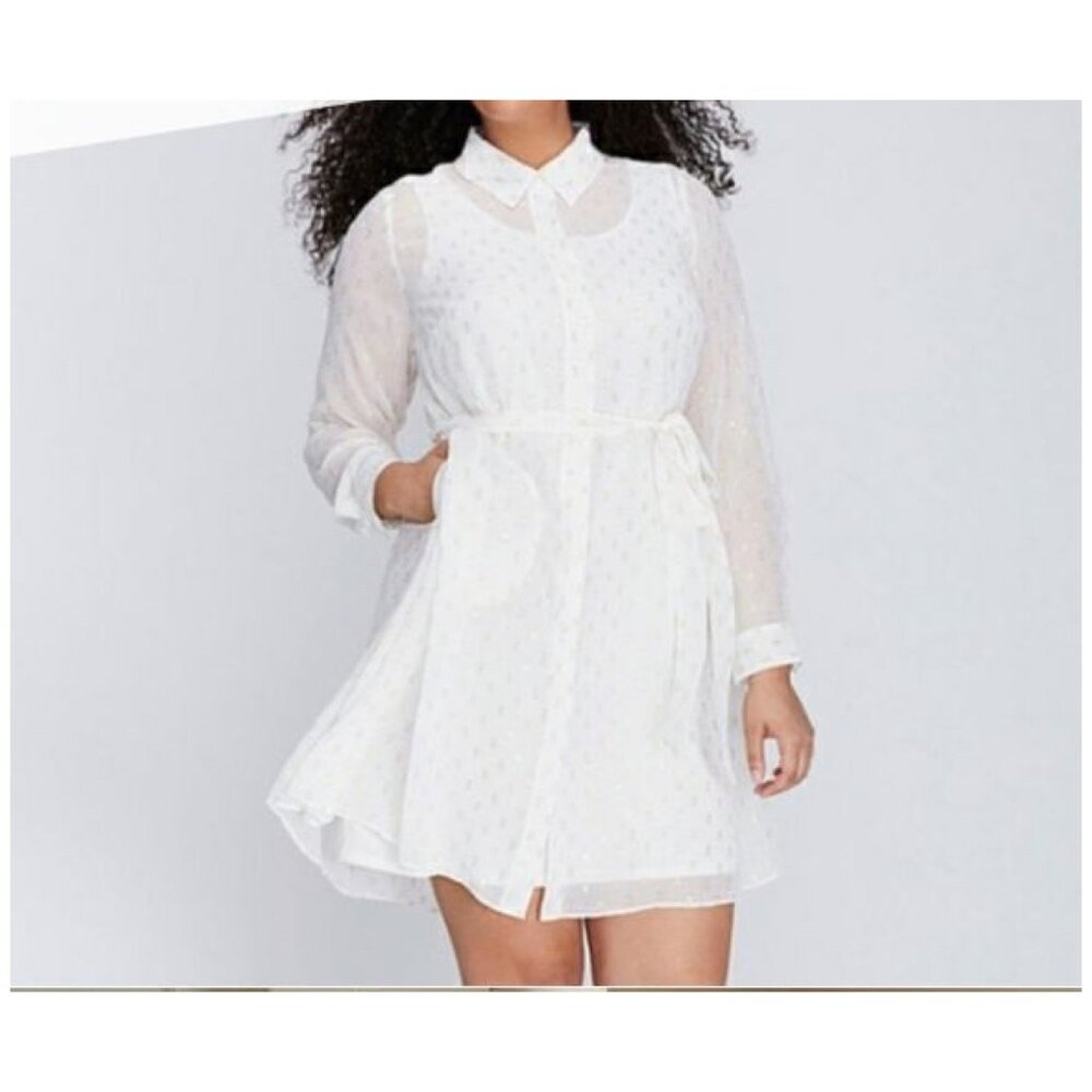 Lane Bryant Shirt Dress Tie Waist Collar Button Up White + Gold, Plus Size 28
